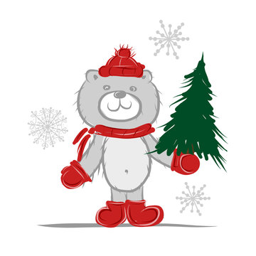 Funny santa bear with christmas tree for your design