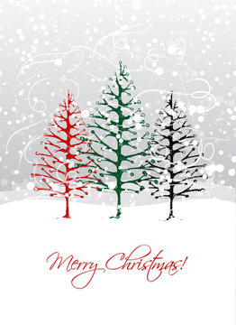 Christmas trees in forest, postcard design
