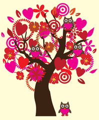 vector valentine tree with owls, hearts, flowers