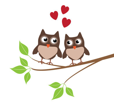 vector owls sitting in the tree with red hearts