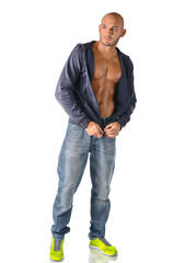 Fototapeta premium Hip, trendy young man in jeans and open sweater