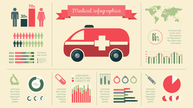 Flat Medical Infographics Elements plus Icon Set. Vector.