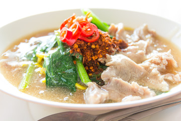 Fried noodle with pork, squid and shrimp soaked in gravy, Chines