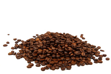 Roasted coffee beans on white background.