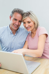 Casual couple using laptop at home