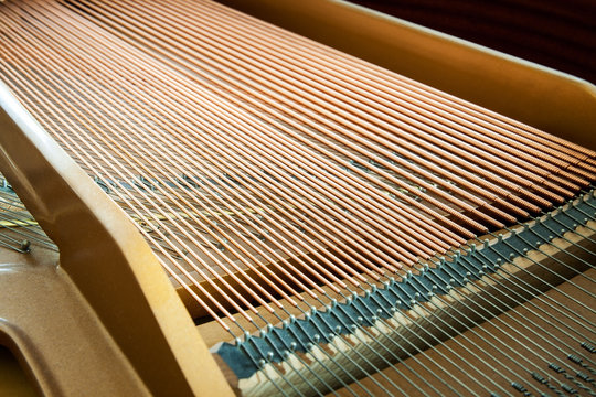Closeup of grand piano showing the strings, pegs and sound board