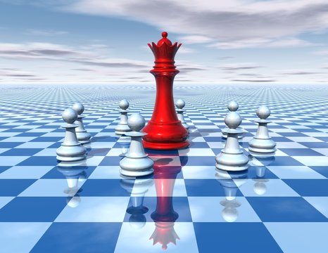 beautiful 3d abstraction with blue chessboard and chess queen