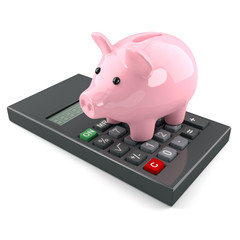Cute pink piggy bank on calculator