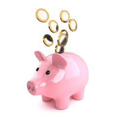 Cute pink piggy bank with euro coins falling