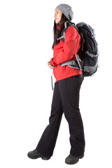 Asian Malay female with hiking attire and backpack.