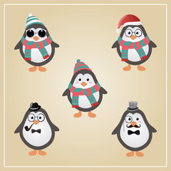 Cute Winter Christmas Hipster Penguins Vector Illustration