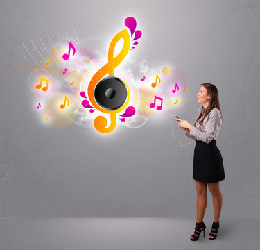 pretty girl singing and listening to music with musical notes