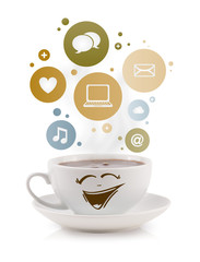 Coffee cup with social and media icons in colorful bubbles