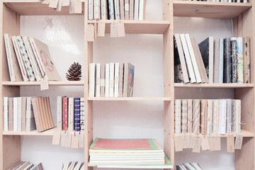 wood shelf with book