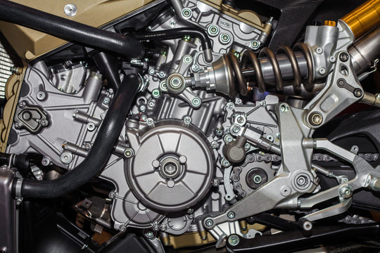 Closeup of chromed motorcycle engine