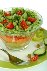 Tasty salad with fresh vegetables, isolated on white