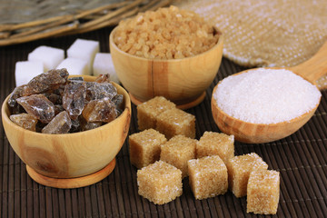 Different types of sugar on table close-up