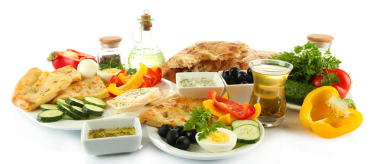 Traditional Turkish breakfast isolated on white