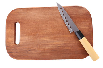 Kitchen knife  and wooden cutting board ,isolated on white