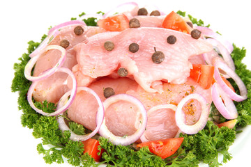 Turkey meat with spices in bowl close up