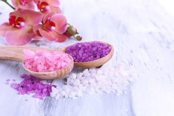 Still life with beautiful blooming orchid flower  and wooden