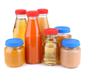 Baby food in glass jars, isolated on white