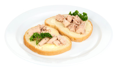 Tasty sandwiches with tuna and cod liver, isolated on white