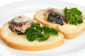 Tasty sandwiches with scomber, close-up