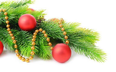 Christmas balls on fir tree, isolated on white