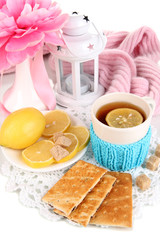 Cup of tea with lemon close up
