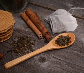 green tea in teaspoon close up