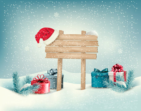 Christmas winter background with presents and wooden board. Vect