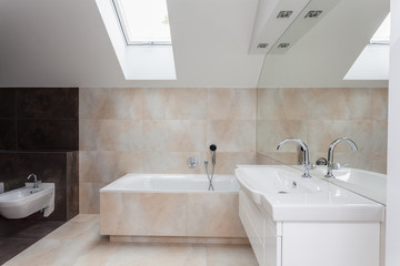 Bathroom interior with beige tiles