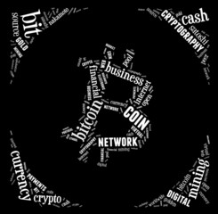 bitcoin logo word cloud with white wordings