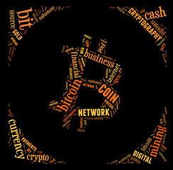 bitcoin logo word cloud with orange wordings