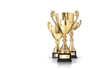 three different kind of golden trophies. Isolated on white backg