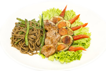 with vegetables and spaghetti on a white background