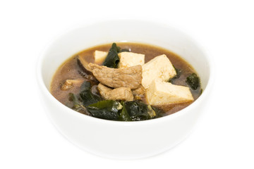 Japanese soup with beef and cheese on white background