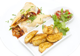 Mexican food dishes at the restaurant on a white background