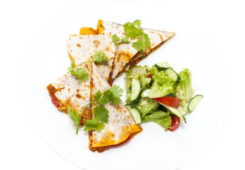 Mexican food dishes at the restaurant on a white background