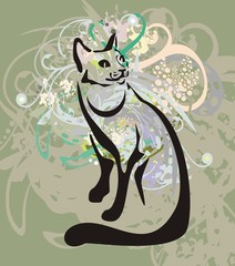 Sitting cat with floral elements on a grunge background
