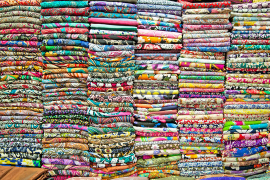 Colored textile in a traditional east bazaar in Vietnam.