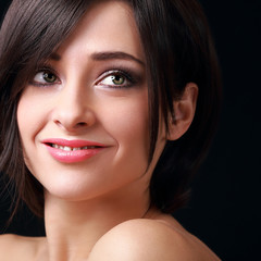 Natural happy makeup woman looking up. Closeup portrait