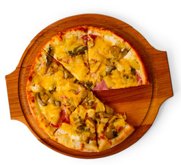 appetizing pizza cheese wooden tray isolated on white backgro