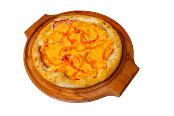 Appetizing pizza cheese wooden tray isolated on white