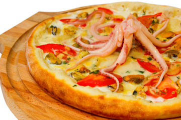 Appetizing pizza with an octopus seafood on a wooden trayisolate