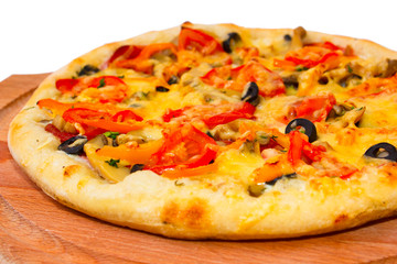 Appetizing pizza with cheese on wooden tray close up white backg