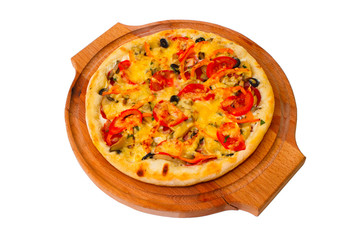 Appetizing pizza with wooden tray cheese close up white backgrou
