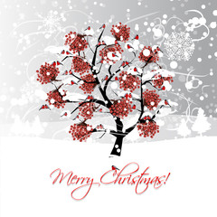 Christmas card design with winter rowan tree and bullfinches