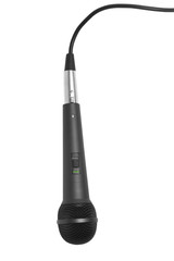 black microphone with cord isolated on white background